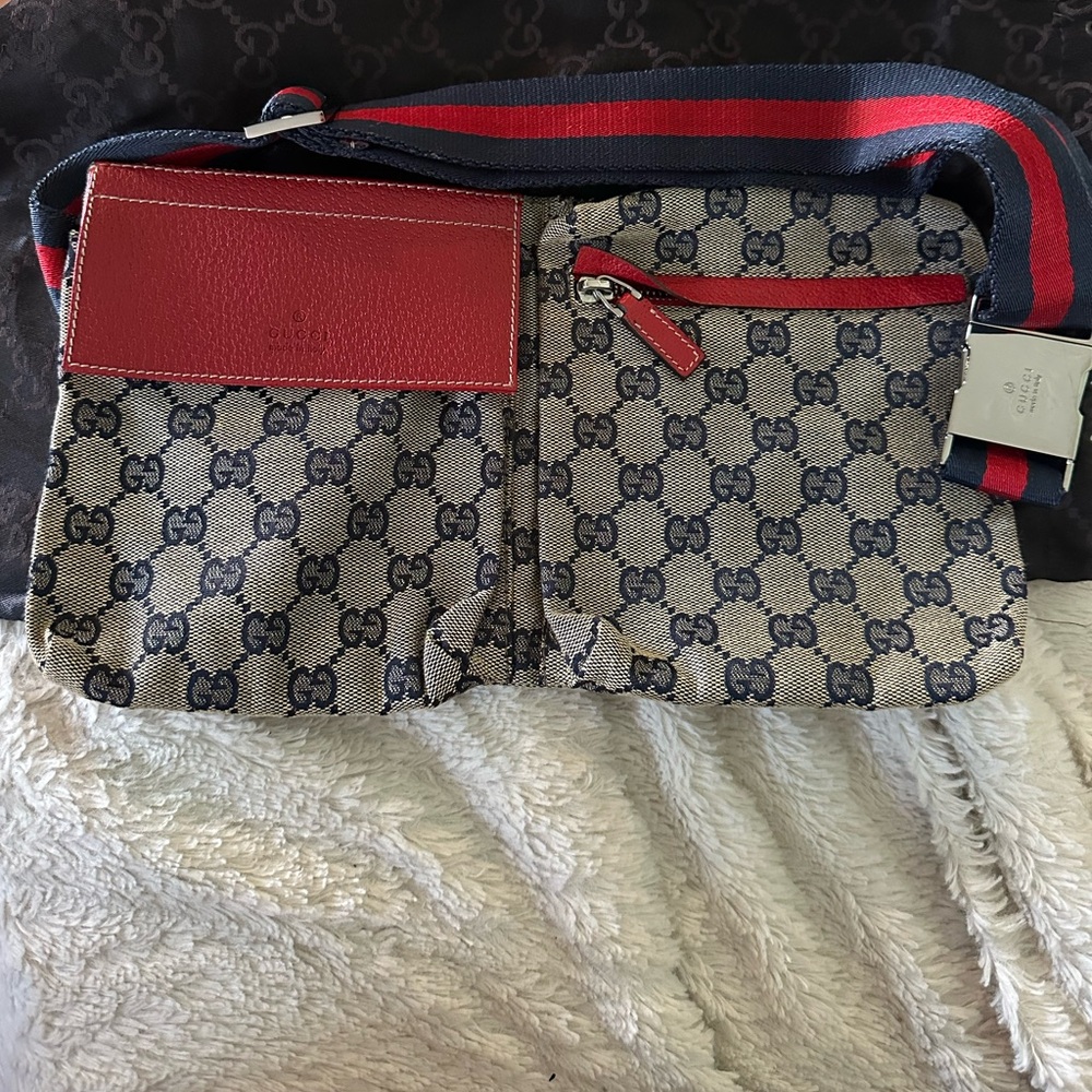 Vintage Gucci Monogram GG Belt Bag Navy and Red Leather Hip Swing Sash Fanny